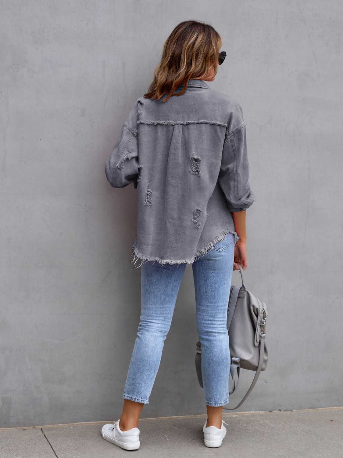 Distressed Drop Shoulder Denim Jacket | Solid Pocketed Jacket With Raw Hem