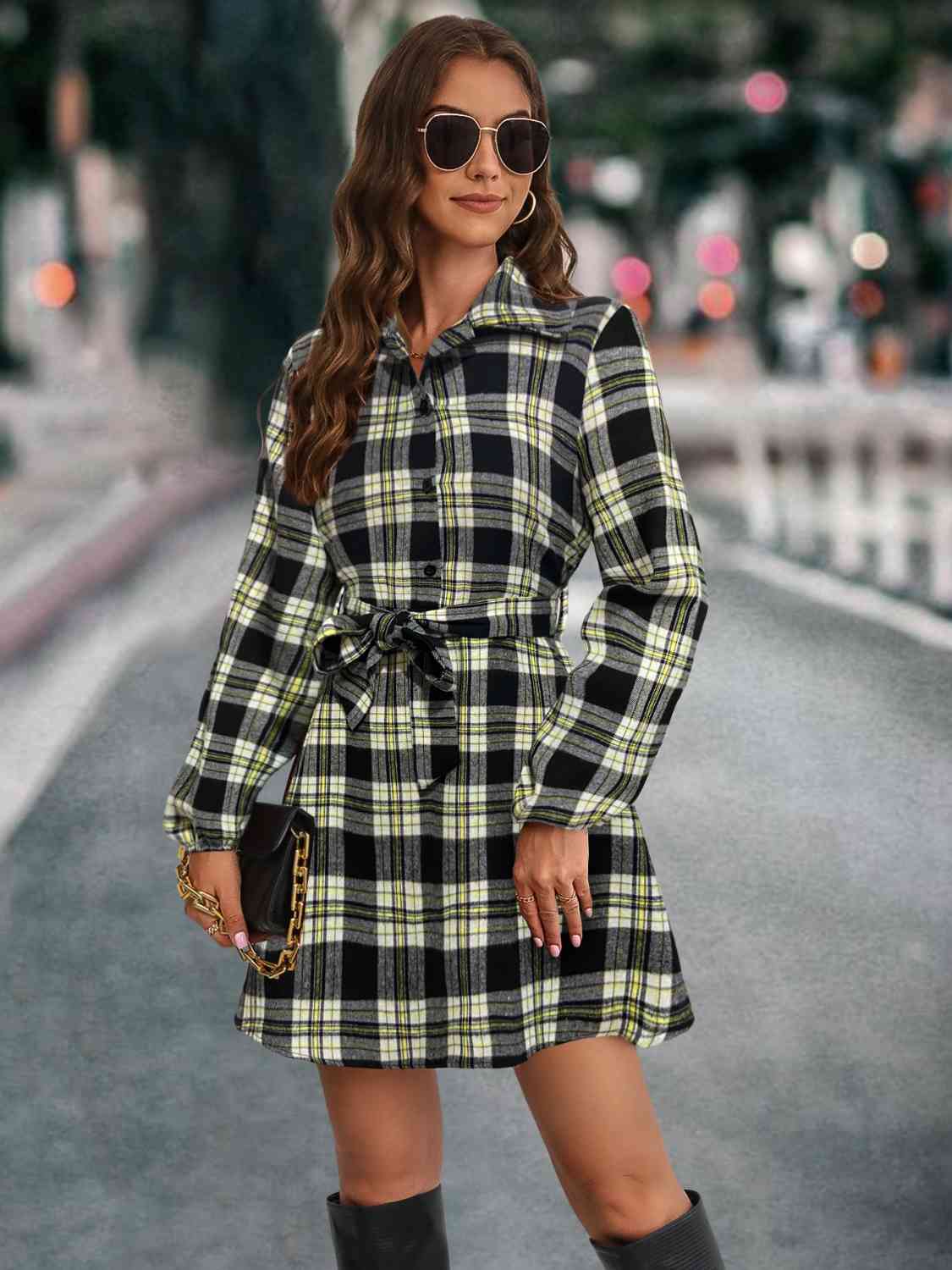 Plaid Tie Front Collared Neck Long Sleeve Dress | Casual Buttoned Tied Dress
