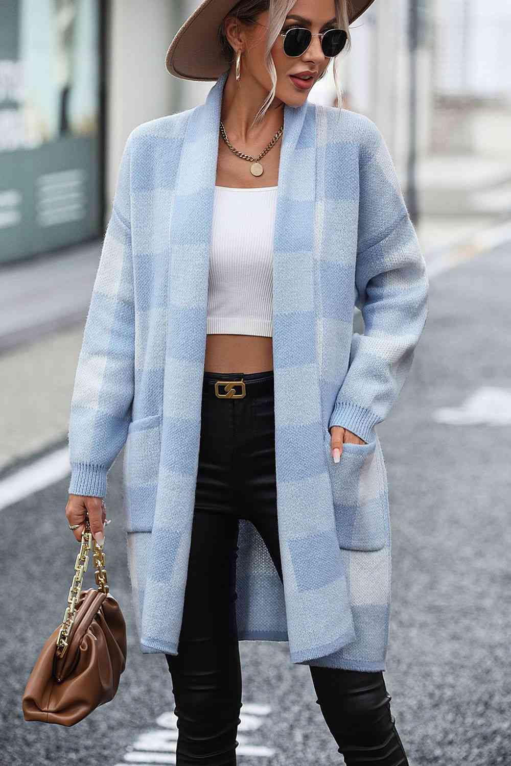 Plaid Dropped Shoulder Cardigan with Pocket | Checkered Open Frond Cardigan