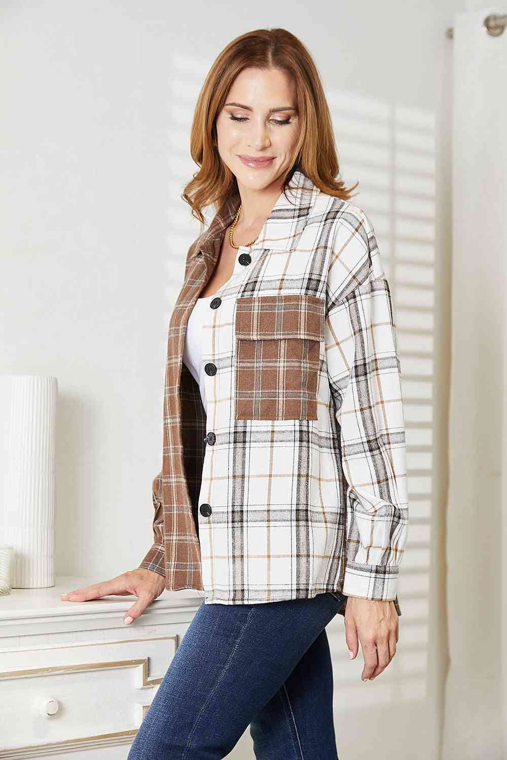 Double Take Plaid Contrast Button Up Shirt Jacket | Jacket With Long Sleeves