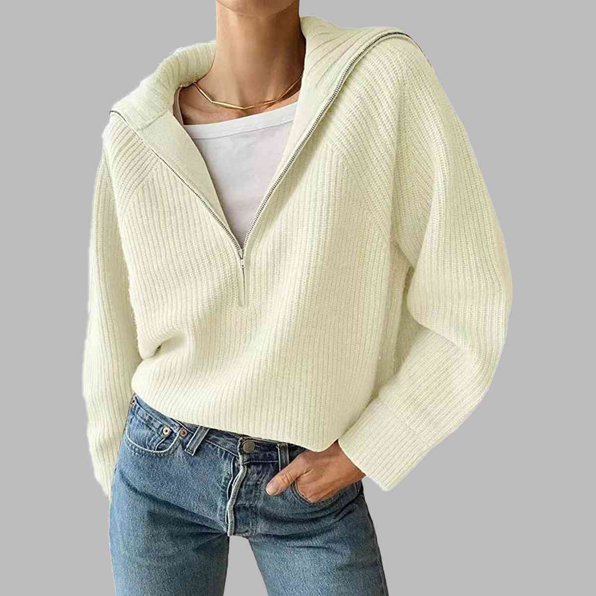 HaIf Zip Long Sleeve Knit Top | Acrylic Casual Top With Long Cuffed Sleeves