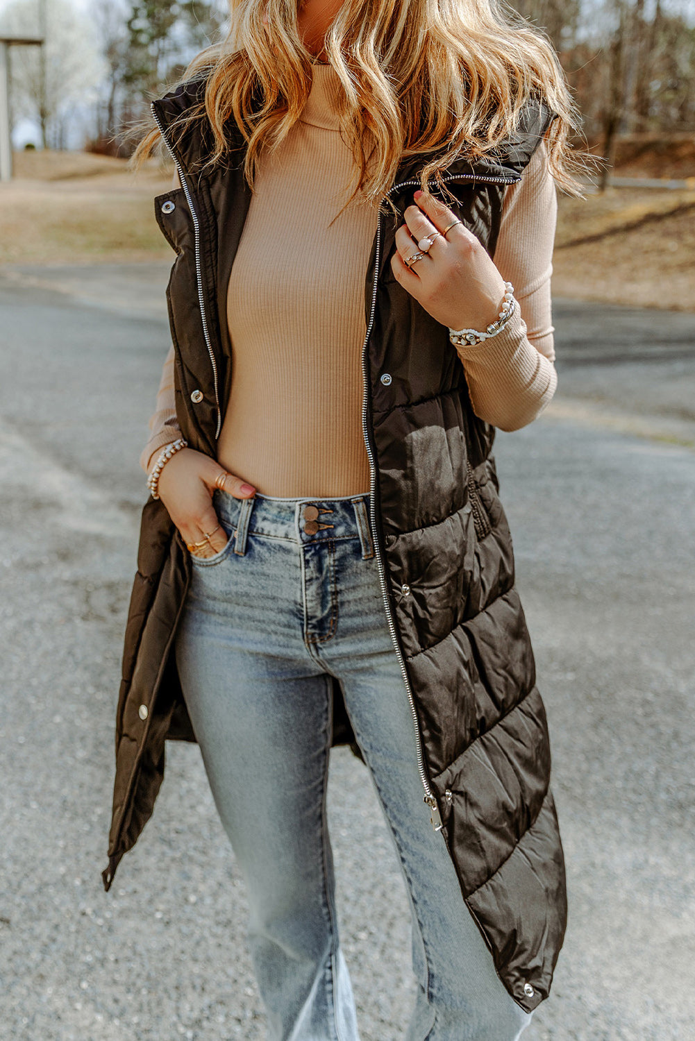 Longline Hooded Sleeveless Puffer Vest | Woman's Polyamide Vest With Pockets