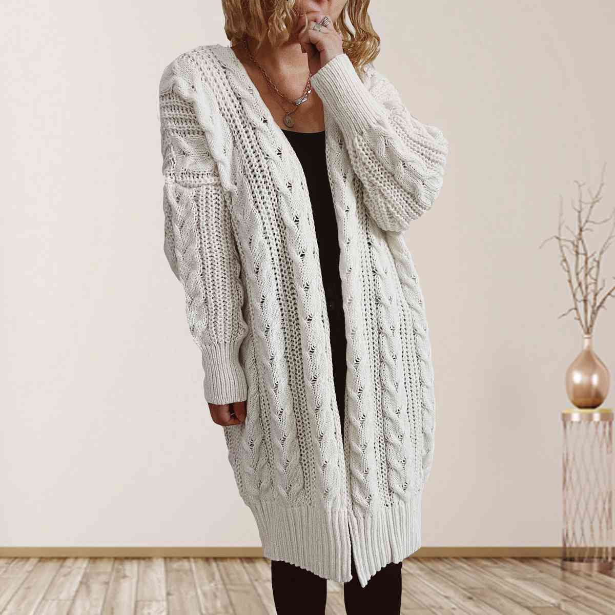 Cable-Knit Open Front Dropped Shoulder Cardigan | Warm Cardigan With Ribbed Hem