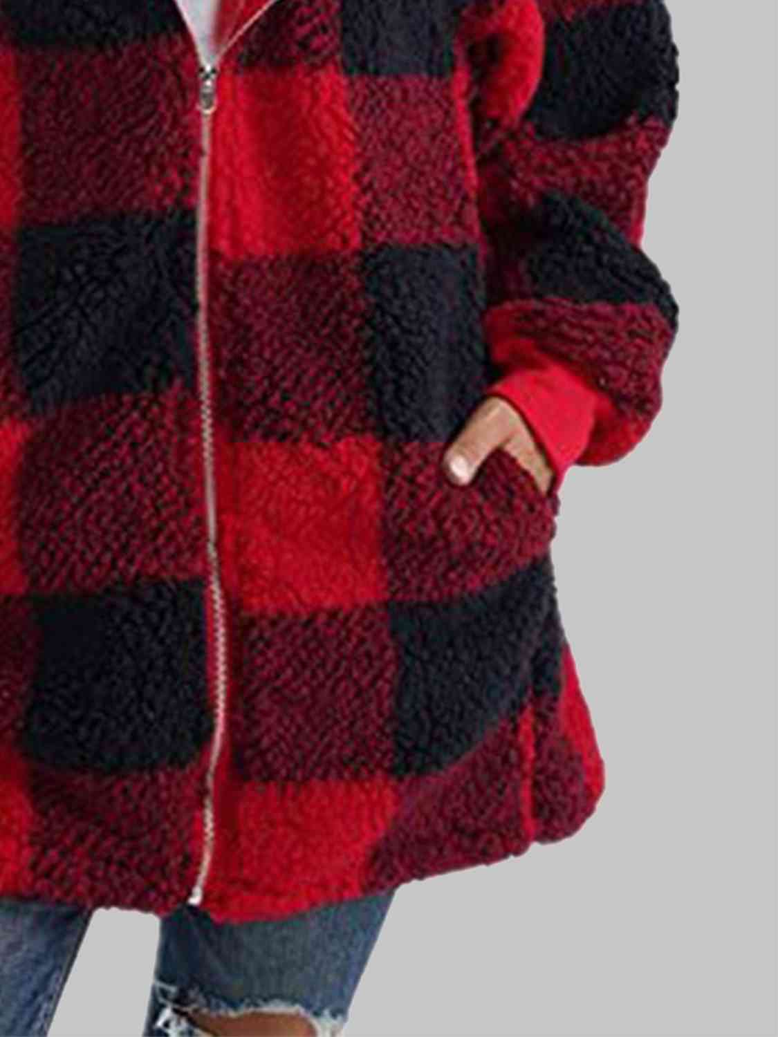 Plaid Zip-Up Hooded Jacket with Pockets | Warm Cozy Fuzzy Sherpa Jacket Shirt