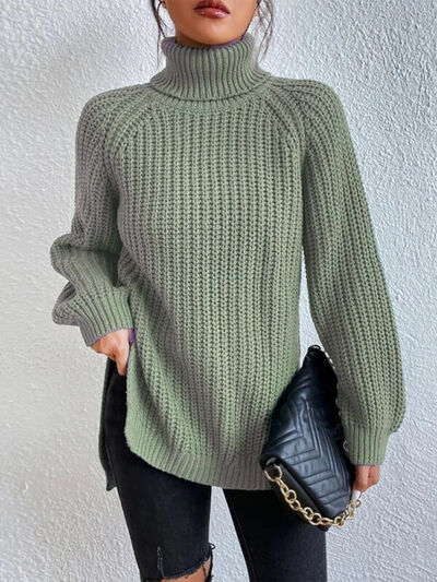 Full Size Turtleneck Rib-Knit Slit Sweater | Long Sleeves Casual Solid Sweater
