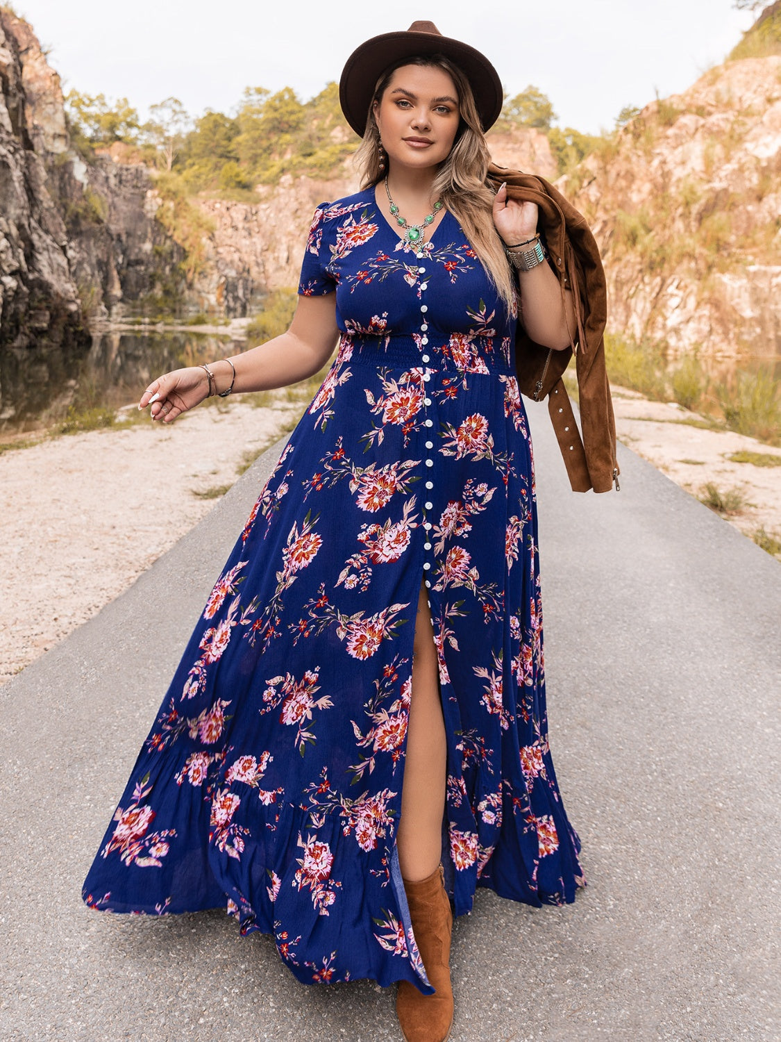 Plus Size V-Neck Maxi Dress | Casual Long Viscose Dress With Button Closure
