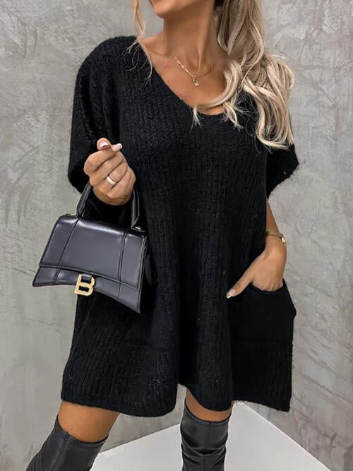 V-Neck Short Sleeve Sweater with Pockets | Casual Stretchy Polyester Sweater