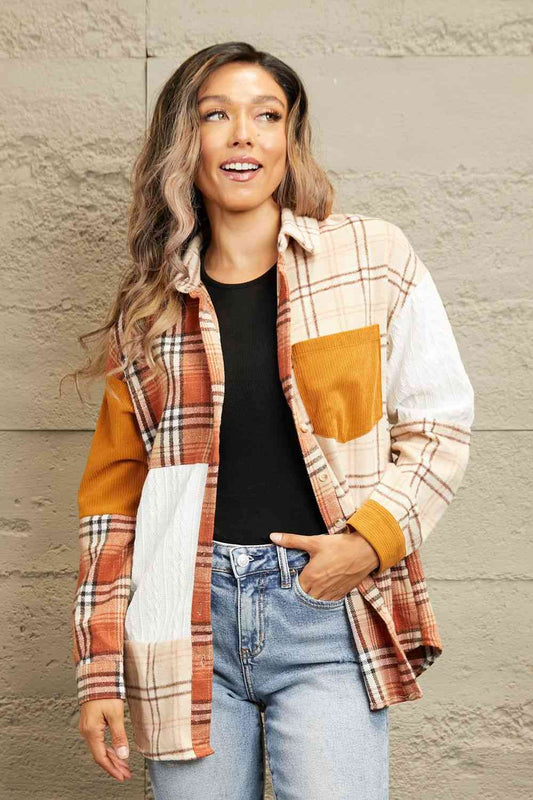 Double Take Plaid Color Block Dropped Shoulder Shacket | Pocketed Shacket