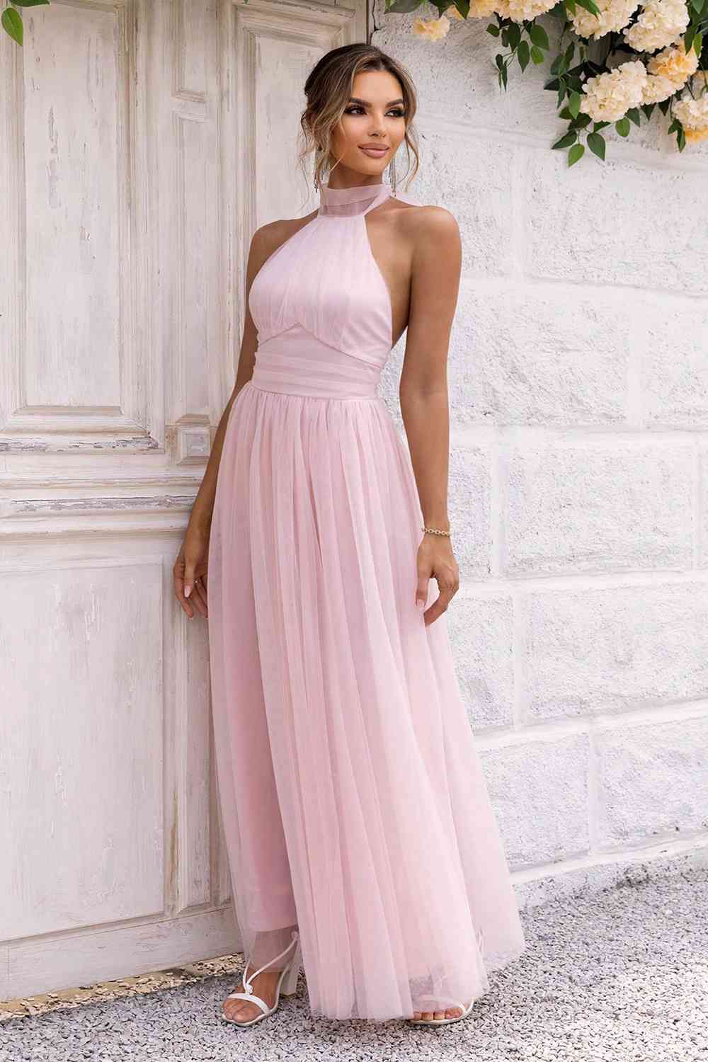 Halter Neck Backless Mesh Dress | Formal Maxi Sleeveless Prom A-Line Gown