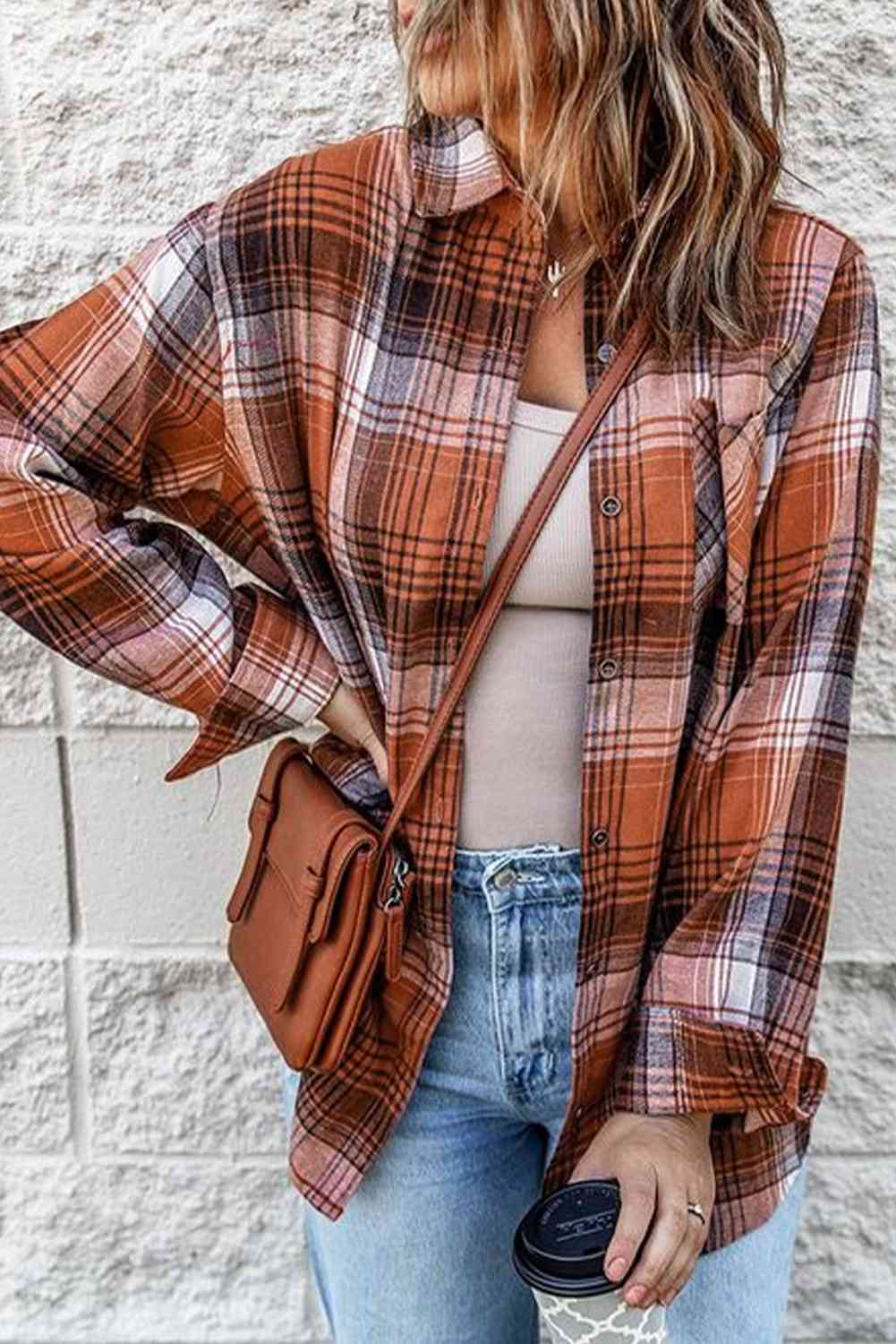 Collared Neck Long Sleeve Plaid Shirt | Casual Polyester Shirt With Buttons