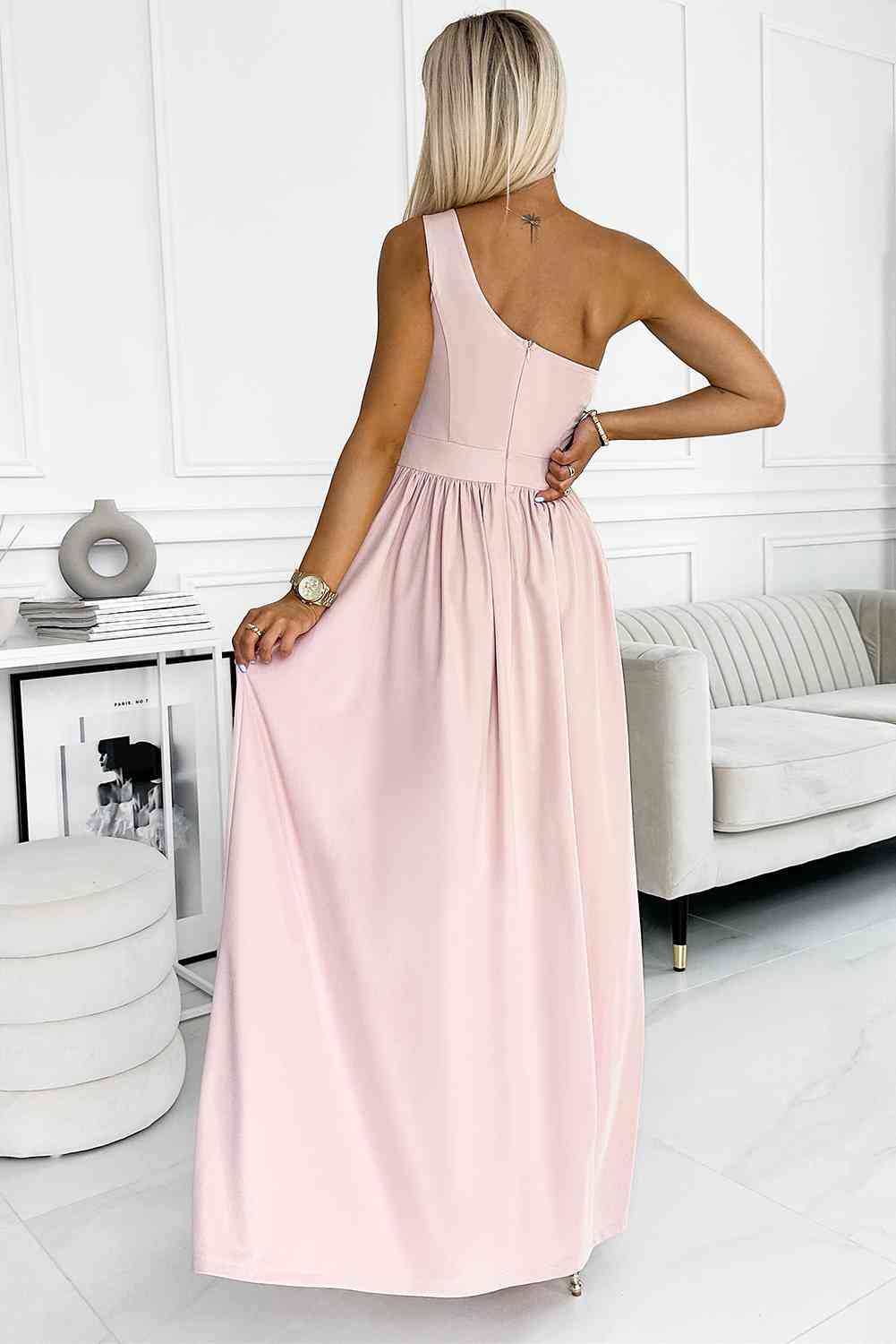 One-Shoulder Slit Maxi Dress | Prom Solid Sleeveless A-line Polyester Dress