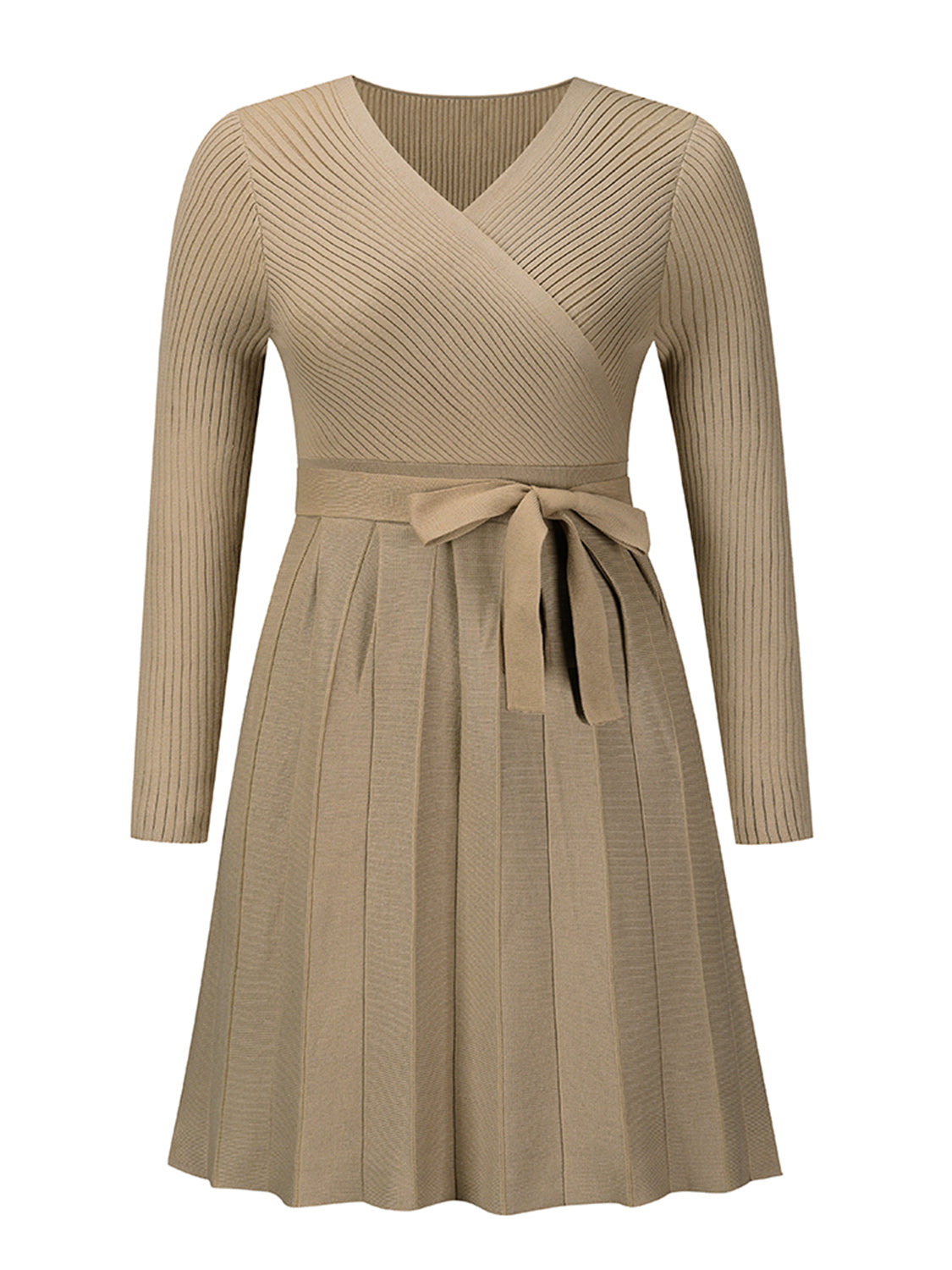 Surplice Neck Tie Front Pleated Sweater Dress | Solid Polyester Mini Dress