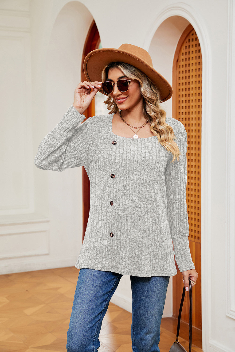 Decorative Button Slit Square Neck Top | Casual Ribbed Top With Long Sleeves