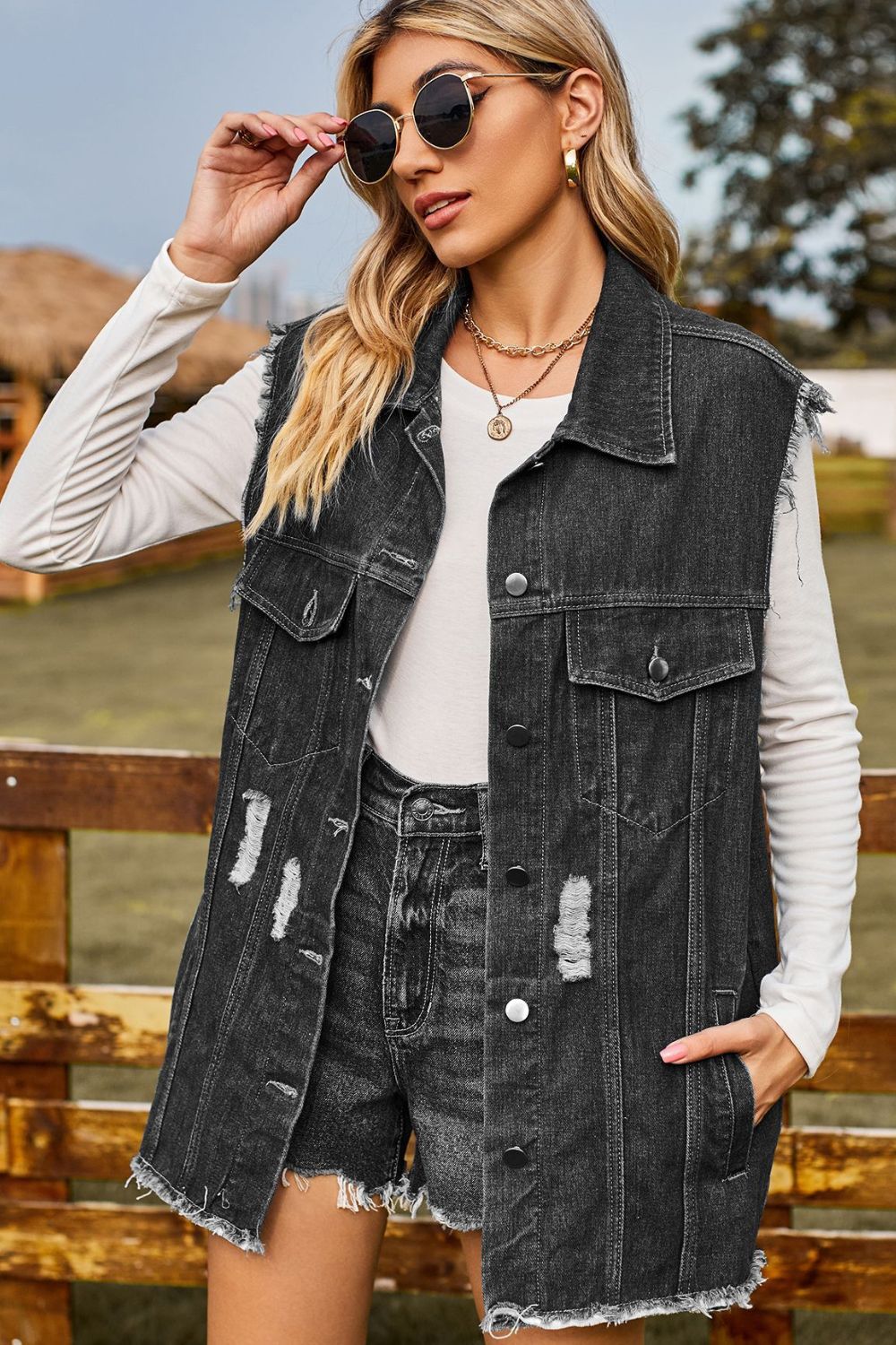 Sleeveless Button-Up Collared Denim Top with Pockets | Casual Distressed Top