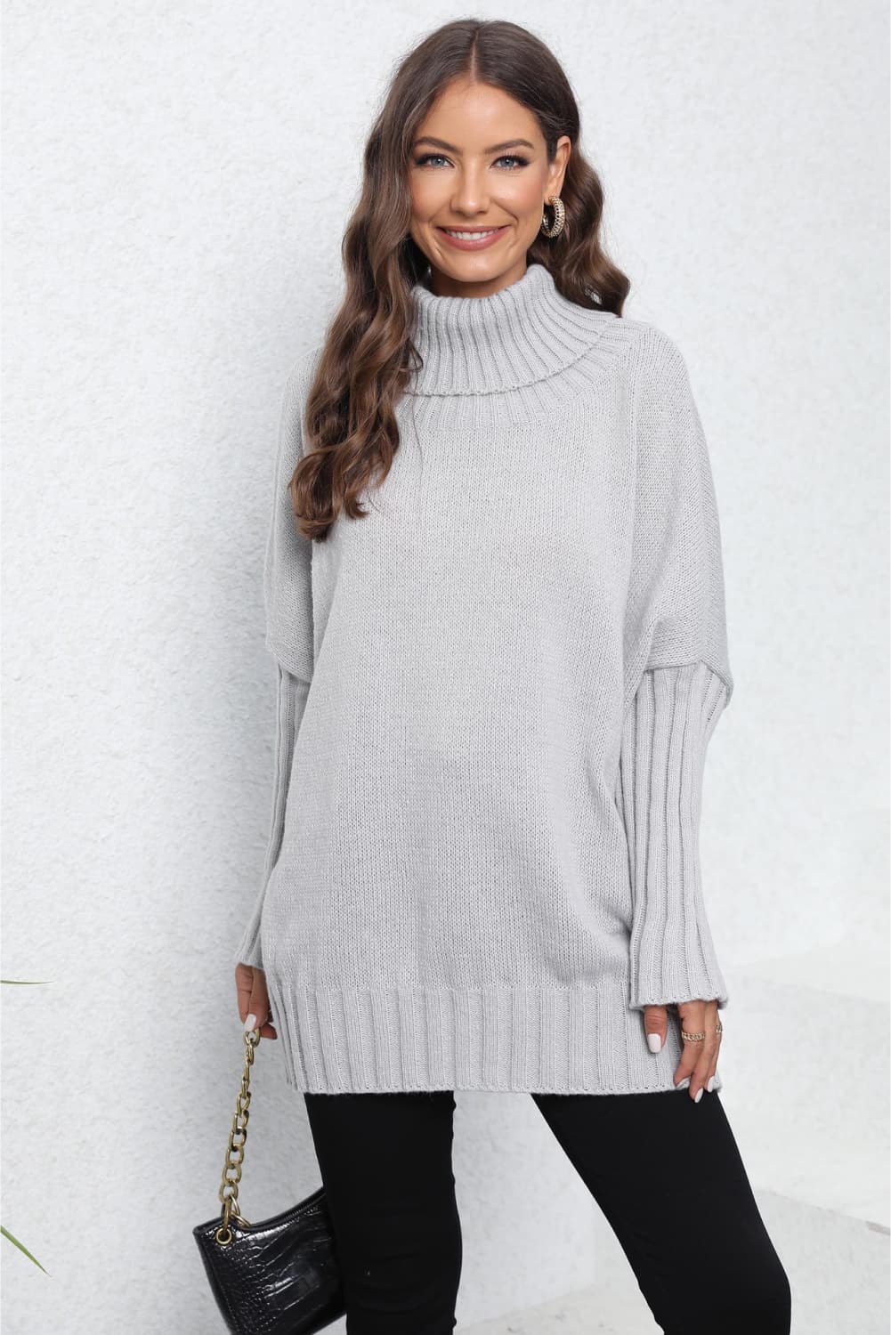 Turtle Neck Long Sleeve Ribbed Sweater | Casual Dolman Sleeve Ribbed Hem Sweater