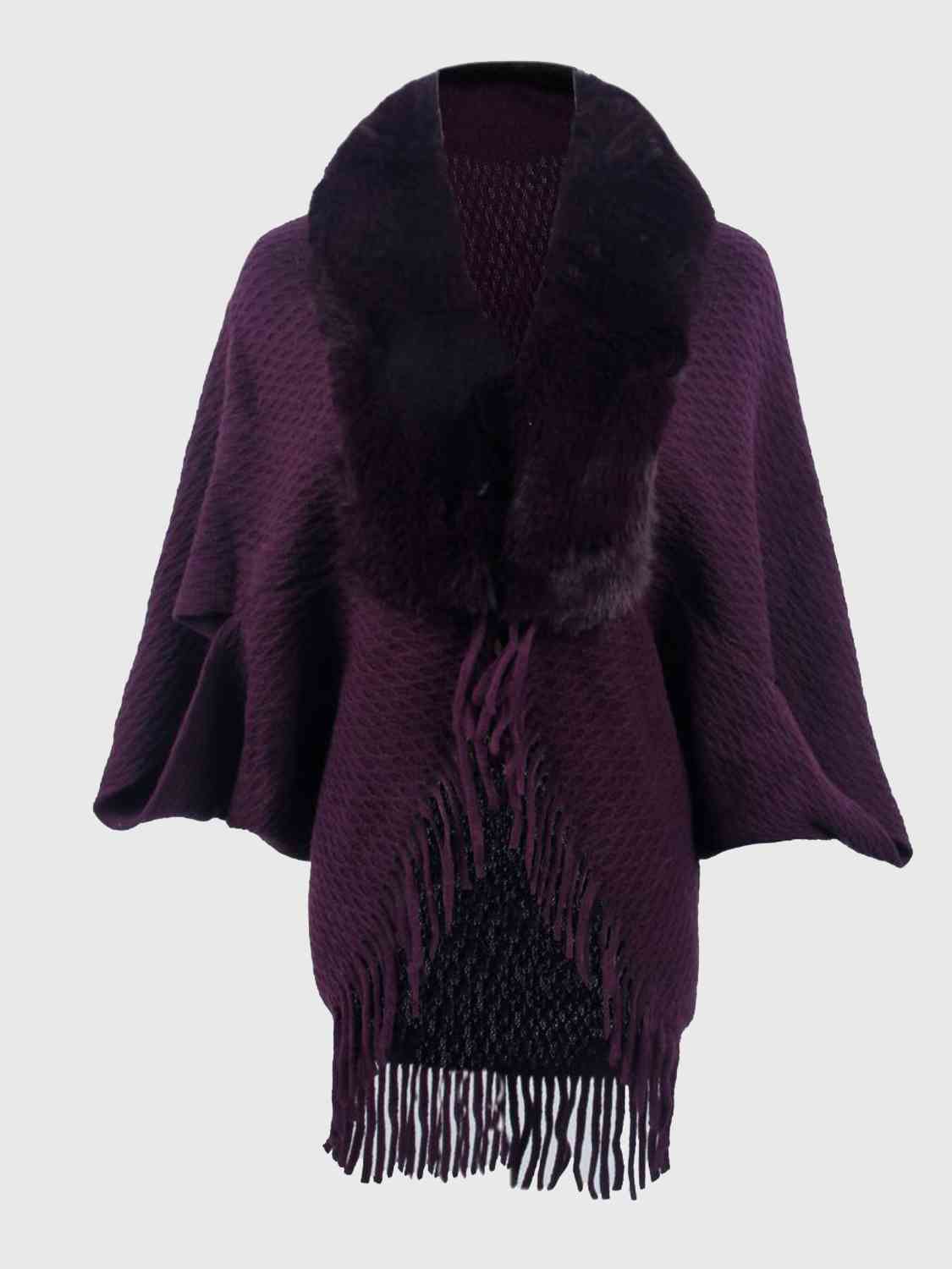 Open Front Fringe Hem Poncho | Casual Solid Fur Stretchy Polyester Poncho