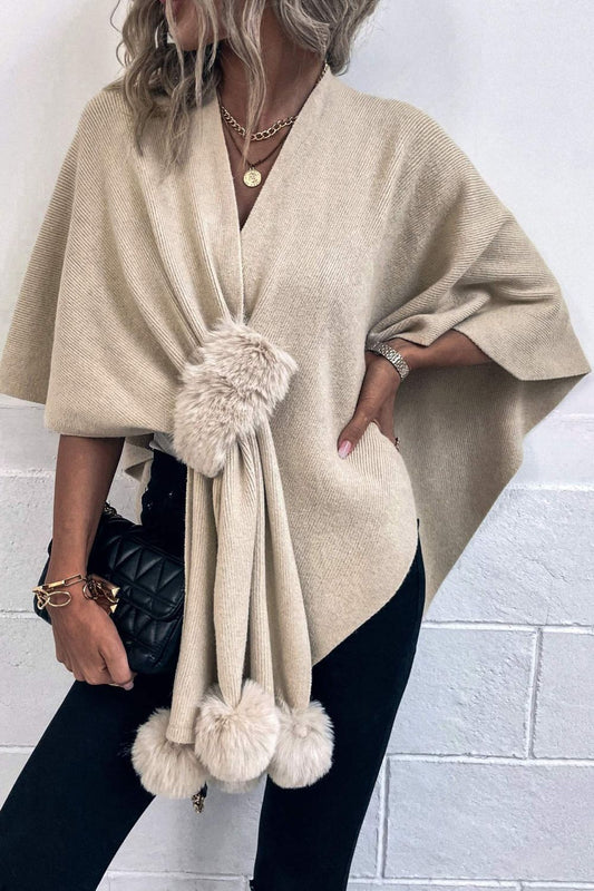 Surplice Neck Pom-Pom Trim Poncho | Casual Solid Stretchy Polyester Poncho