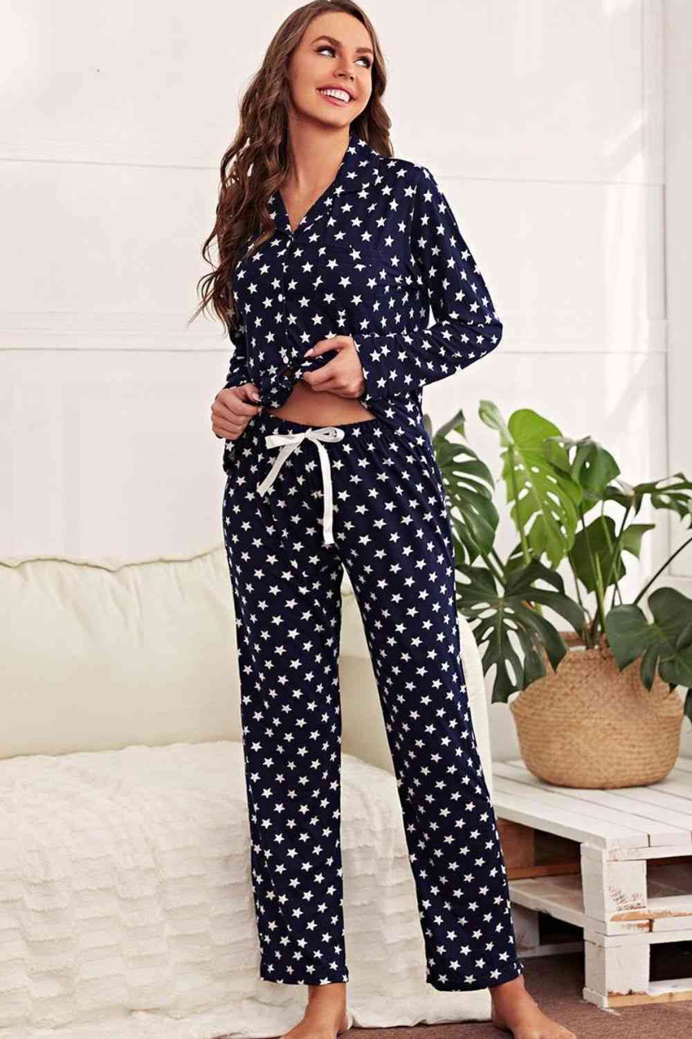 Star Print Button-Up Shirt and Pants Lounge Set | Polyester Stretchy Set