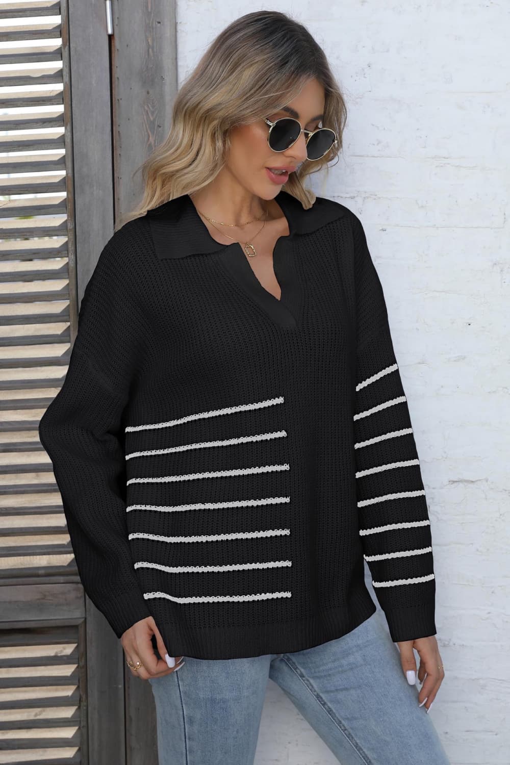 Ribbed Notched Neck Striped Long Sleeve Sweater