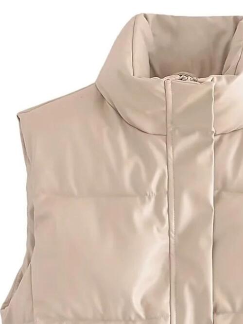 PU Leather Zip Up Drawstring Vest | Solid Polyester Vest With High Neckline