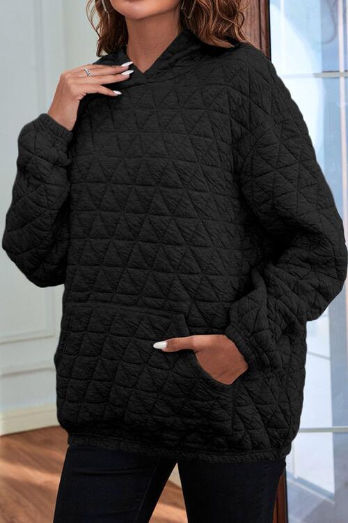 Quilted Long Sleeve Hoodie with Pocket | Polyester Hoodie With Cuffed Sleeves