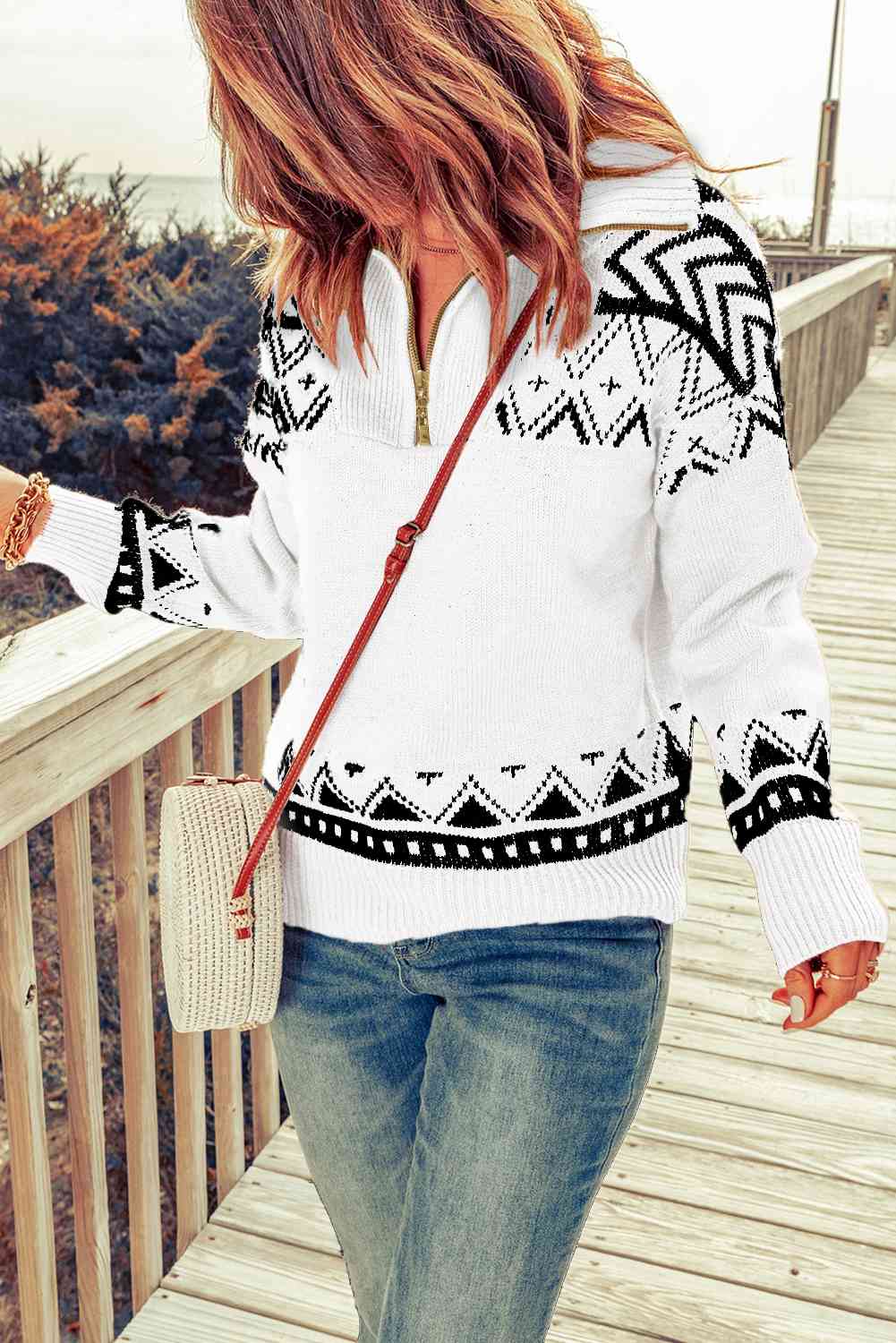 Zip-Up Mock Neck Dropped Shoulder Pullover Sweater | Casual Printed Sweater