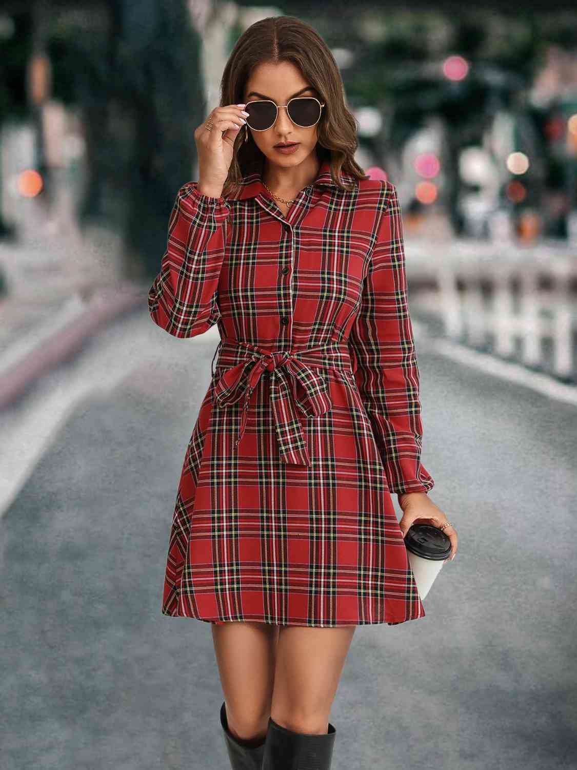 Plaid Tie Front Collared Neck Long Sleeve Dress | Casual Buttoned Tied Dress