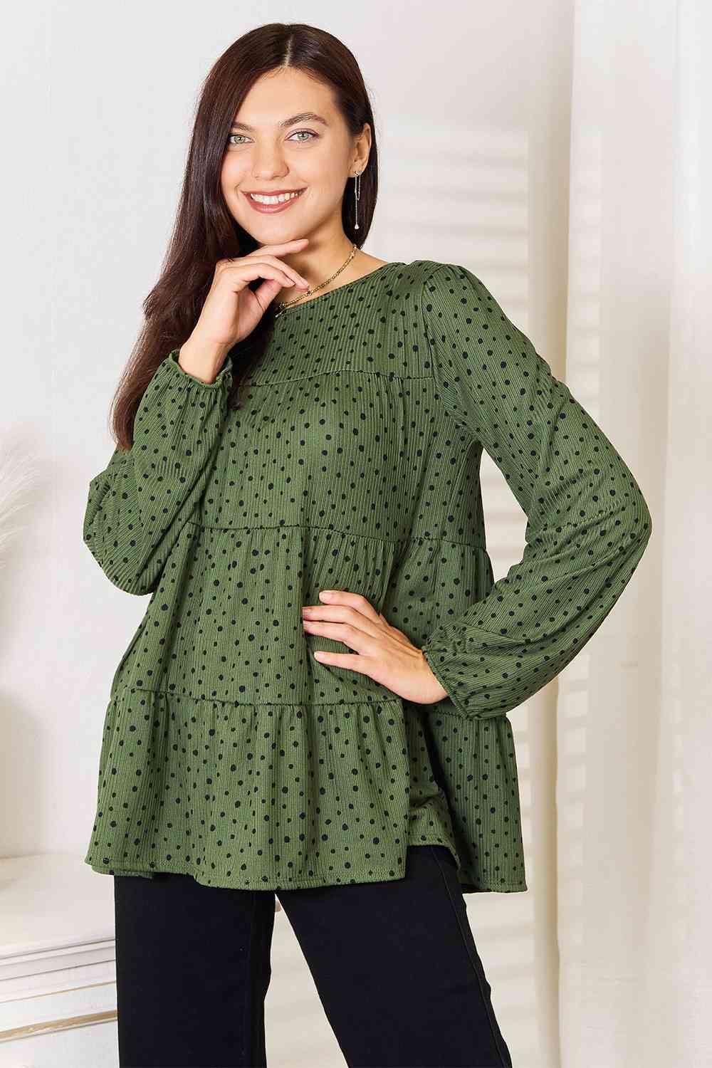 Heimish Full Size Long Puff Sleeve Polka Tiered Top | Stretchy Polyester Top