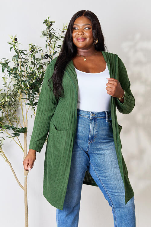 Basic Bae Full Size Ribbed Open Front Long Sleeve Cardigan | Hooded Cardigan