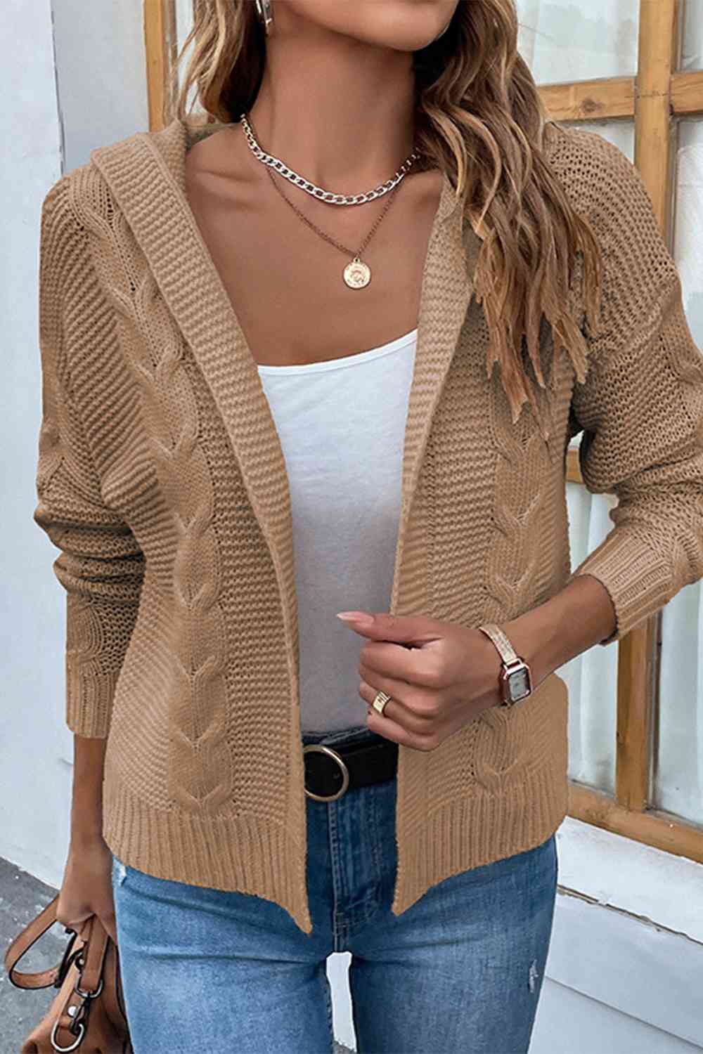 Cable-Knit Dropped Shoulder Hooded Cardigan | Casual Solid Ribbed Cardigan