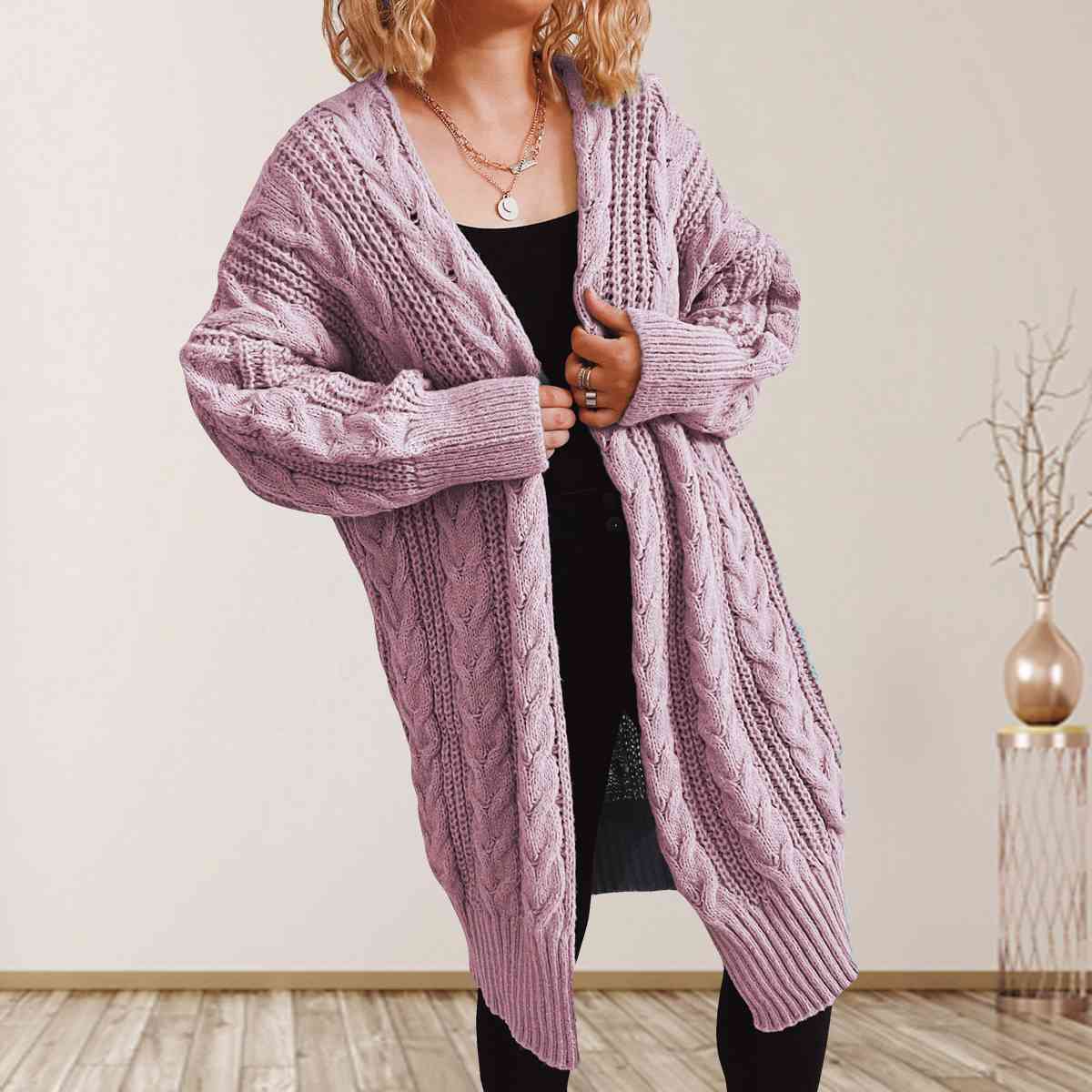 Cable-Knit Open Front Dropped Shoulder Cardigan | Warm Cardigan With Ribbed Hem