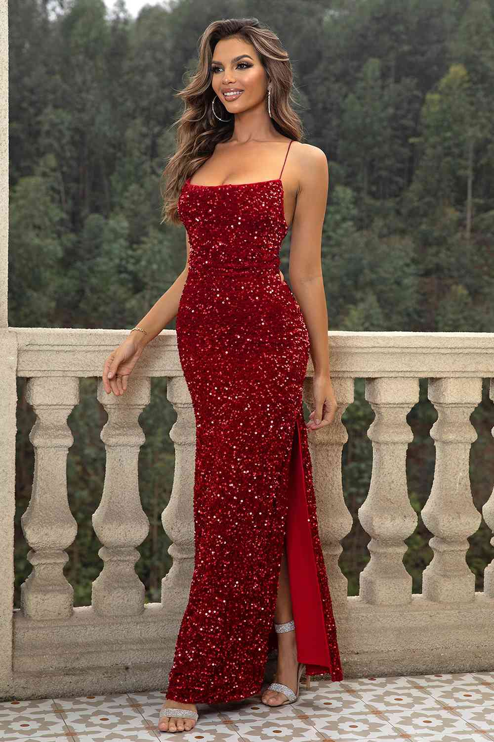 Sequin Backless Split Maxi Dress | Formal Strapped Dress With Lace up Back