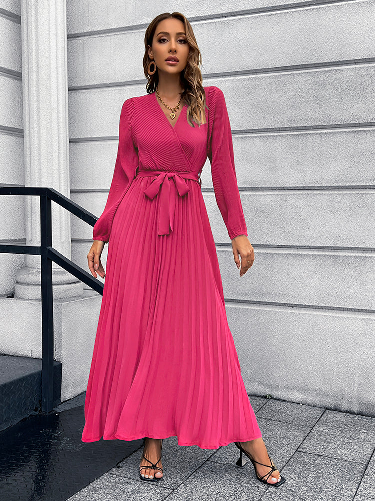 V-Neck Tie Waist Pleated Maxi Dress | Sweet Ankle Midi Pleated Maxi Dress