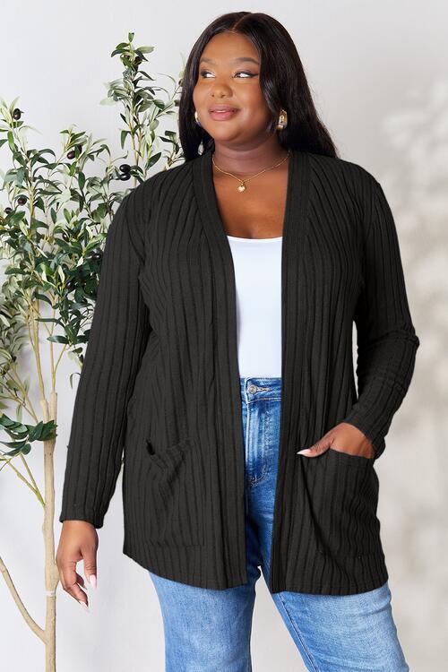 Basic Bae Full Size Ribbed Open Front Cardigan with Pockets |Casual Cardigan