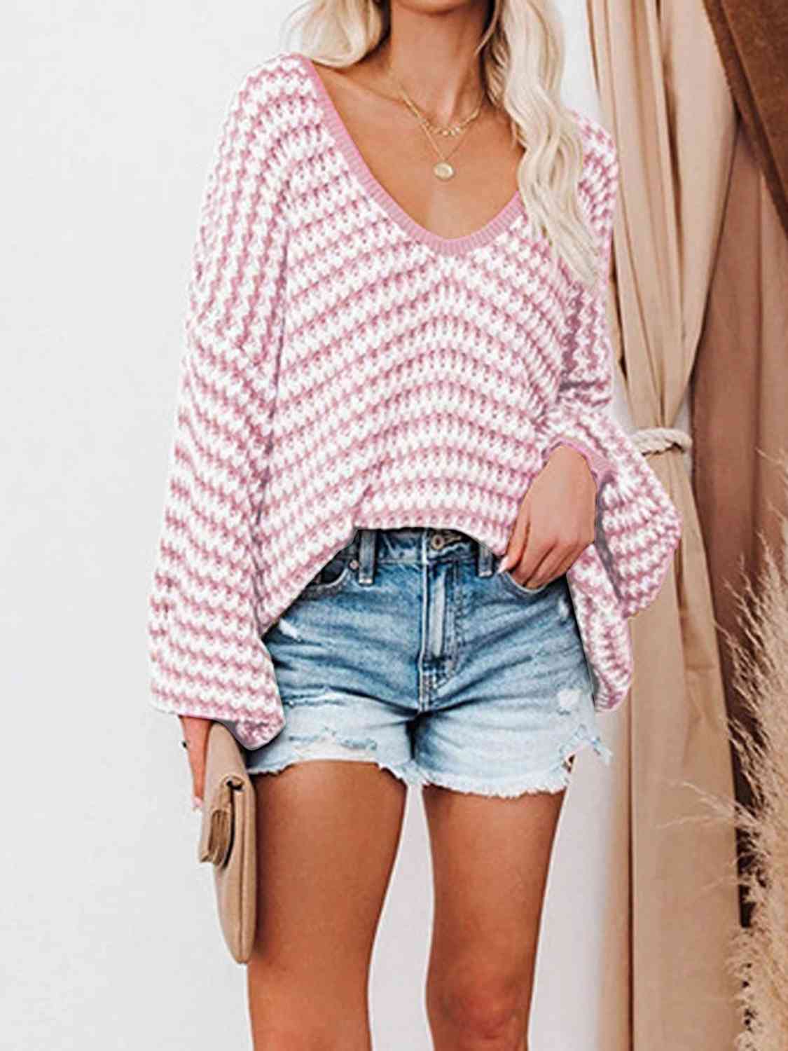 Striped Drop Shoulder V-Neck Sweater | Casual Open Work Relaxed Fit Sweater