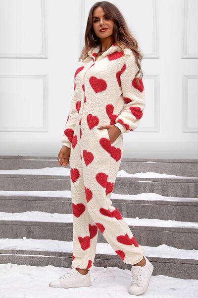 Fuzzy Heart Zip Up Hooded Lounge Jumpsuit | Woman's Polyester Pocketed Jumpsuit