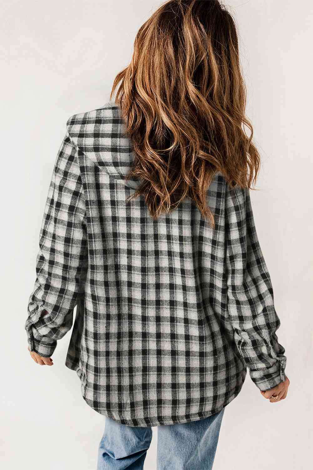 Plaid Snap Down Hooded Jacket | Casual Pocketed Jacket With Long Sleeves