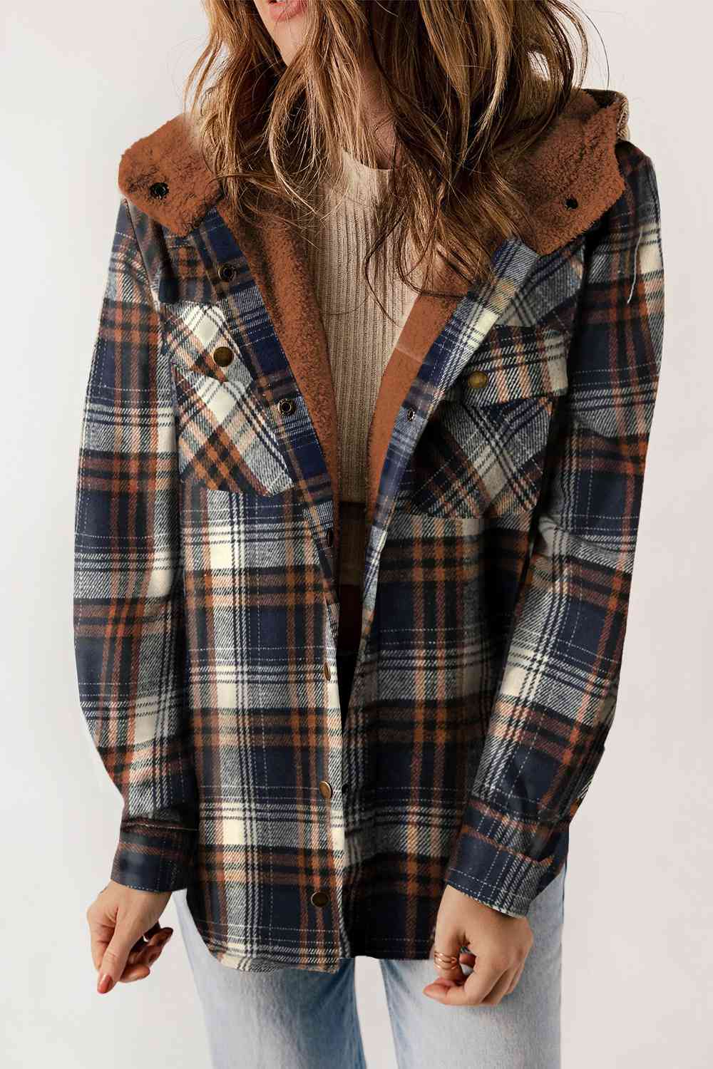 Plaid Snap Down Hooded Jacket | Casual Pocketed Jacket With Long Sleeves