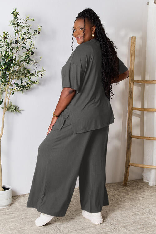 Double Take Full Size Round Neck Slit Top and Pants Set | Solid Stretchy Set