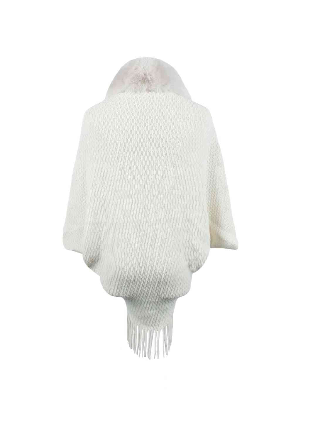 Open Front Fringe Hem Poncho | Casual Solid Fur Stretchy Polyester Poncho