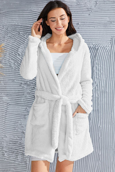 Fuzzy Tied Pocketed Hooded Lounge Nightgown | Soft Solid Polyester Nightgown