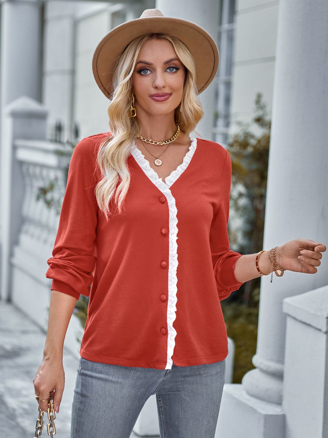 Lace Trim Button Down Top