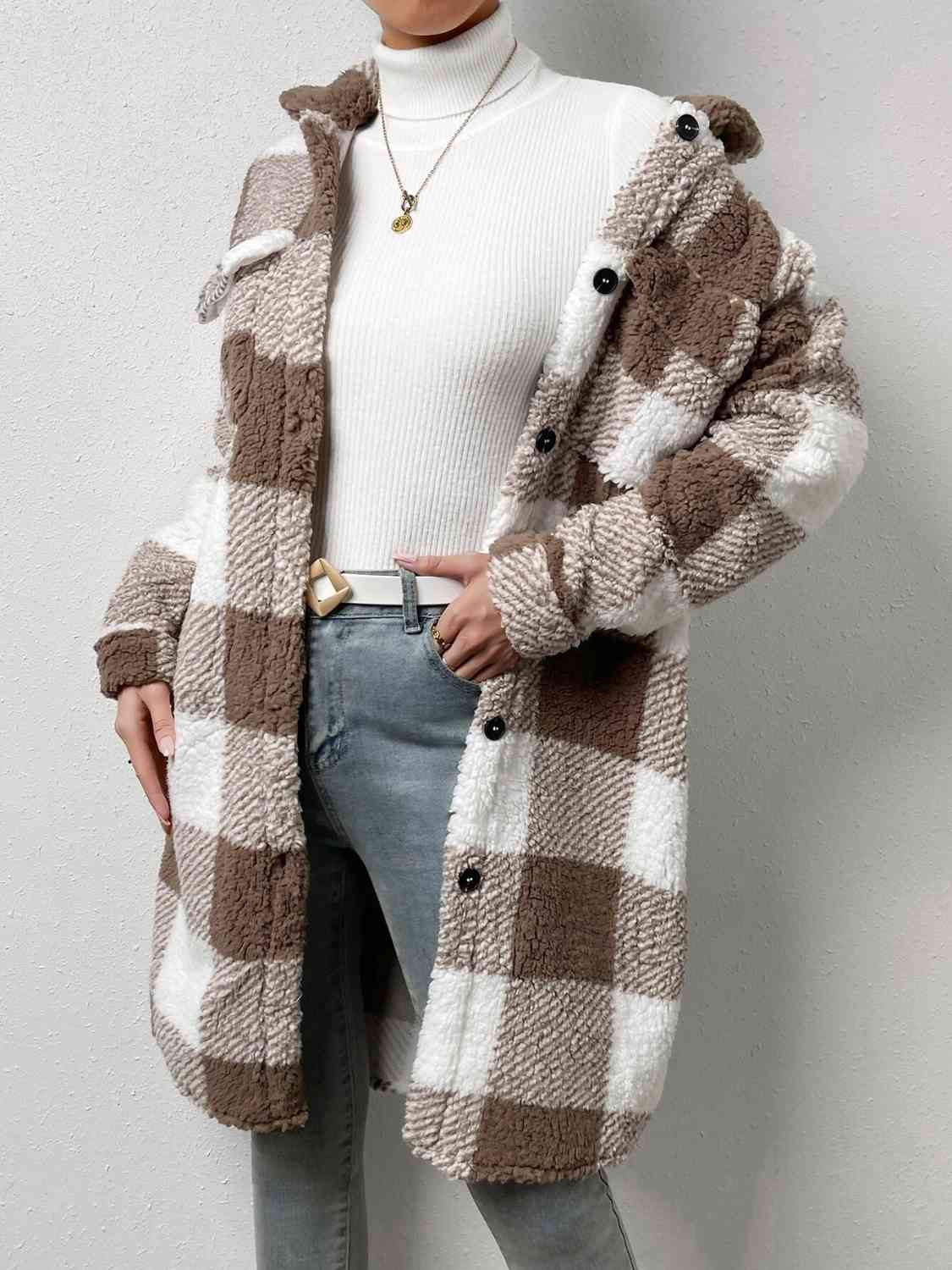 Plaid Collared Neck Button Down Coat | Casual Polyester Coat With Chest Pockets