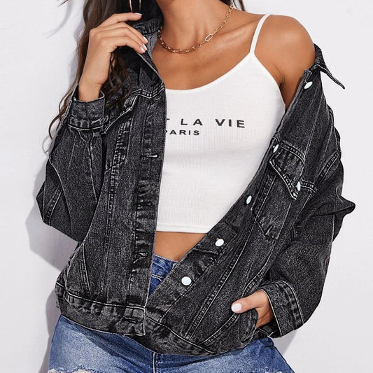 Collared Neck Dropped Shoulder Button-Down Denim Jacket | Solid Pocketed Jacket