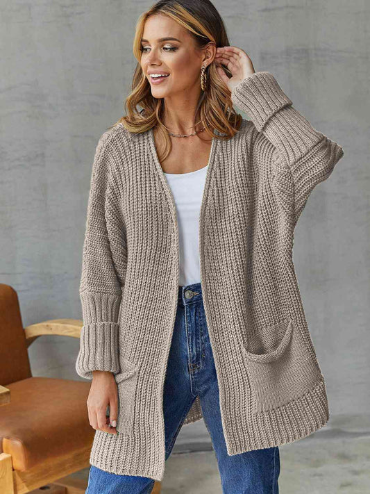 Open Front Long Sleeve Cardigan with Pockets | Acrylic Stretchy Solid Cardigan
