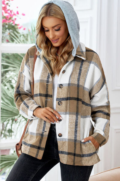 Button Up Plaid Hooded Jacket | Casual Polyester Modern Jacket With long Sleeves