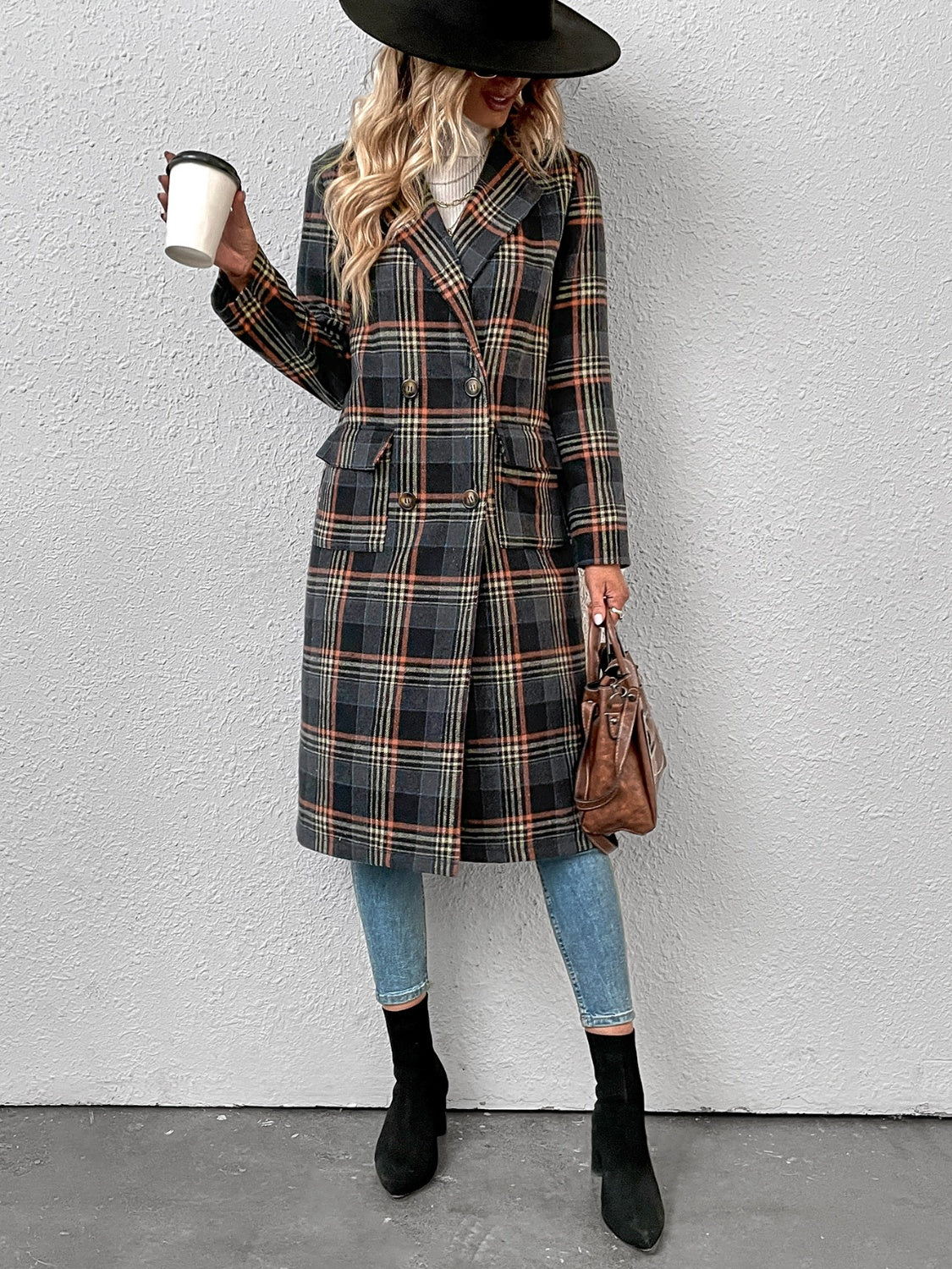 Plaid Lapel Collar Trench Coat