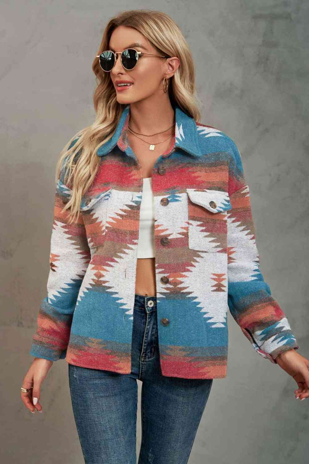 Printed Collared Neck Jacket | Casual Multicolored Jacket With Button Closure