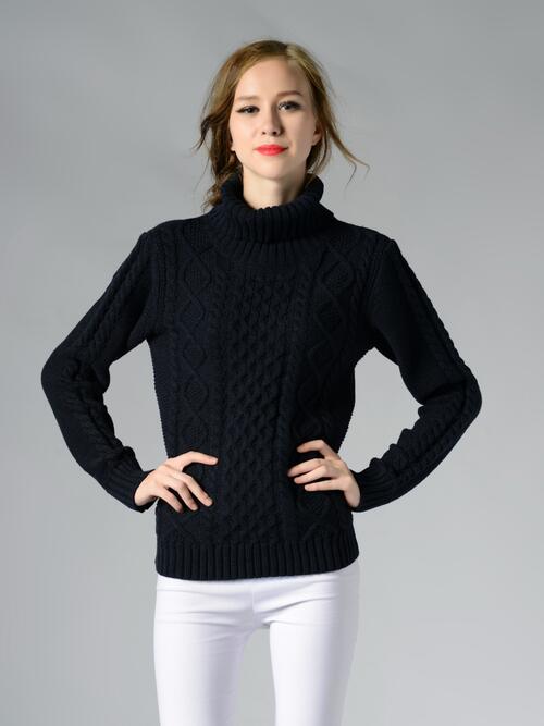 Cable-Knit Turtleneck Long Sleeve Sweater | Woman's Casual Acrylic Sweater