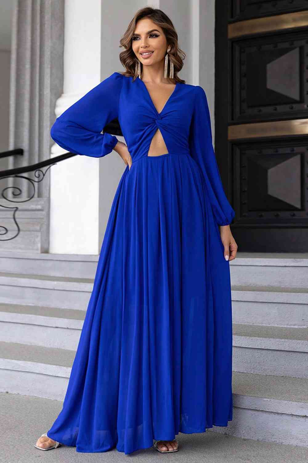 Twist Front Cutout Long Sleeve Dress | Formal Maxi Solid Polyester Dress